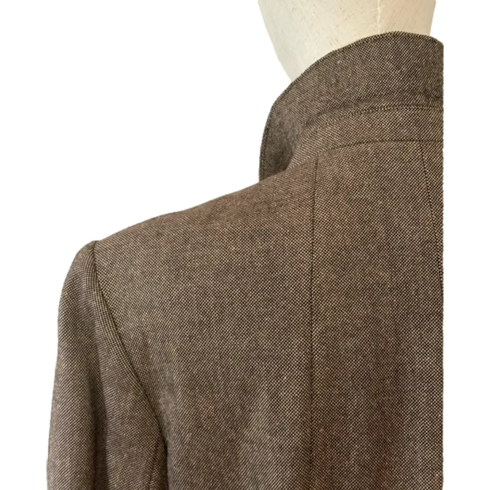 90s MINIMALIST TAN & BLACK WOVEN WOOL BLEND LINED CROPPED BLAZER CARLSON 10P - Picture 9 of 13